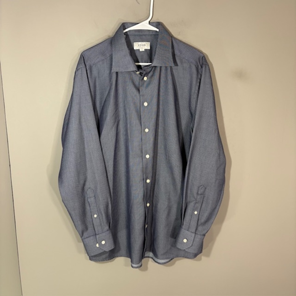 Eton Shirt Mens 18 46 Blue Geometric Slim Fit 100% Cotton Dress Long Sleeve